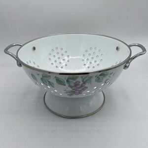 Enamel Over Metal Pedestal Strainer Purple Grapes Chrome Handles Vintage
